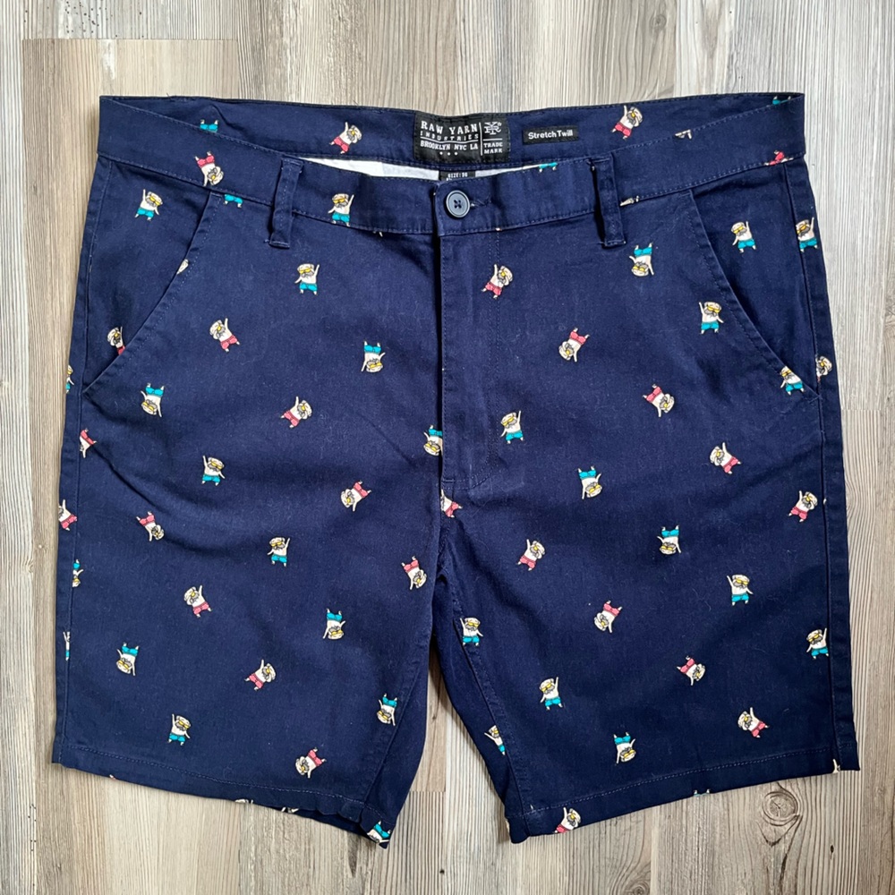 Raw Yarn Industries Navy Flat Front Shorts with Pug Print, Size 36